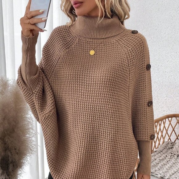 Sweaters - Camel Casual Women's Turtleneck Pineapple Textured Pullover Sweater